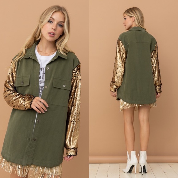 You’ve Got That Spark Gold Sequin Olive Utility Jacket - Picture 2 of 4